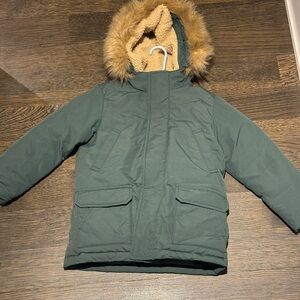Uniqlo Kids Green Puffy Coat Parka faux Fur Lined Hood Size 5-6